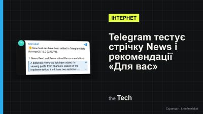 Обкладинка TheTech: скриншот допису каналу teleLakel про нові функції Telegram Beta для macOS 13.0 (283318), зокрема News Feed and Personalized Recommendations, і заголовок «Telegram тестує стрічку News і рекомендації «Для вас»»