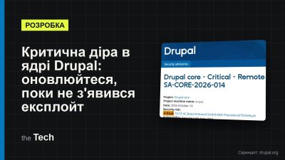 Обкладинка TheTech: фрагмент бюлетеня Drupal SA-CORE-2026-014 з позначкою Critical у перспективі; заголовок про критичну вразливість ядра Drupal