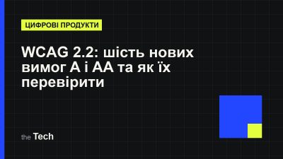 Типографічна обкладинка TheTech: заголовок «WCAG 2.2 для продуктових команд: шість нових вимог рівнів A і AA та як їх перевірити» на темному тлі