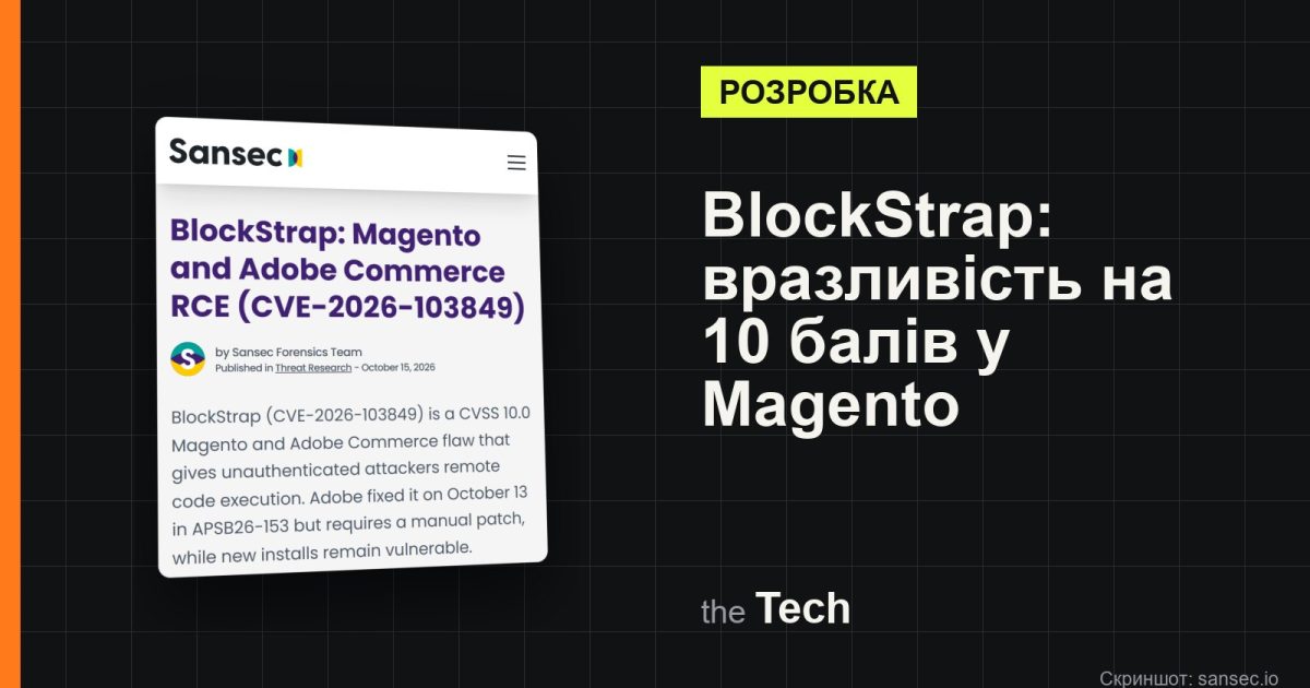 Обкладинка TheTech: фрагмент дослідження Sansec про BlockStrap (CVE-2026-103849) у перспективі; заголовок про критичну вразливість у Magento